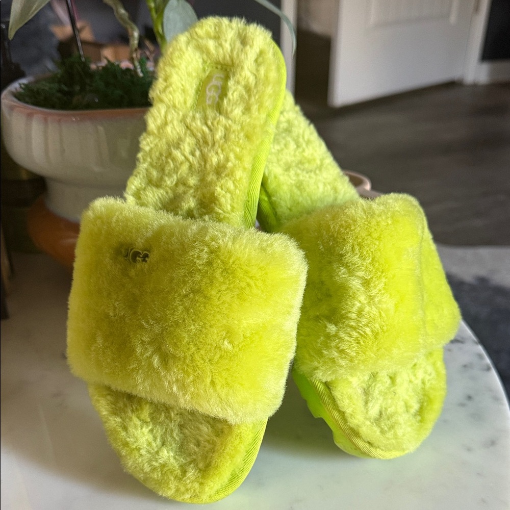 UGG Vibrant Lime Fluffy Slippers